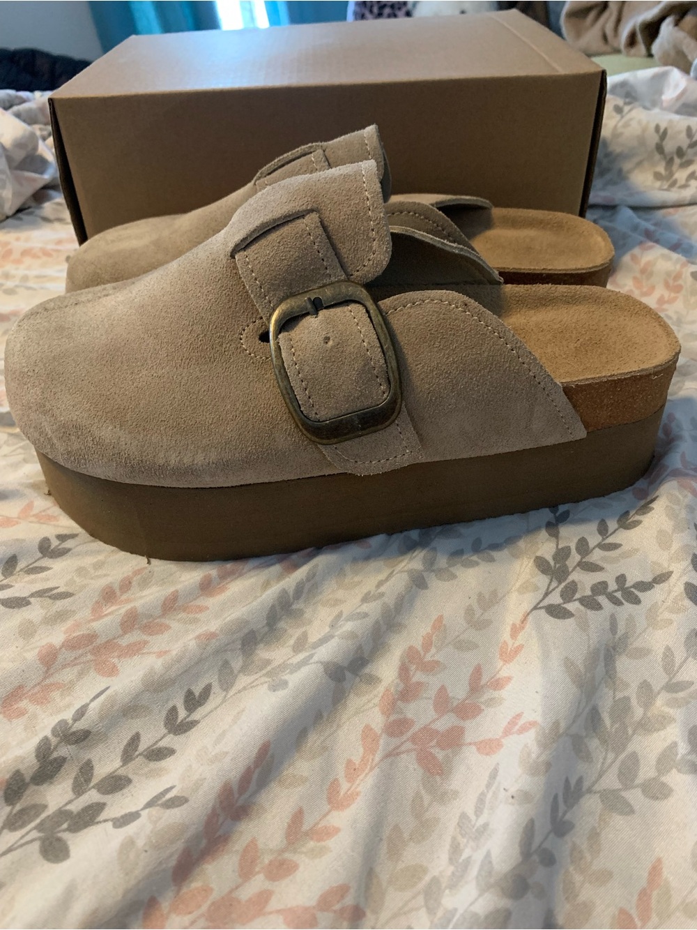 Platform Suede Mule Clog with Buckle - Taupe